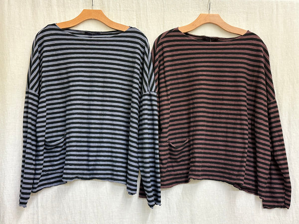 Cotton Linen Jersey Black/Natural Stripe One Size Boxy Pocket Top