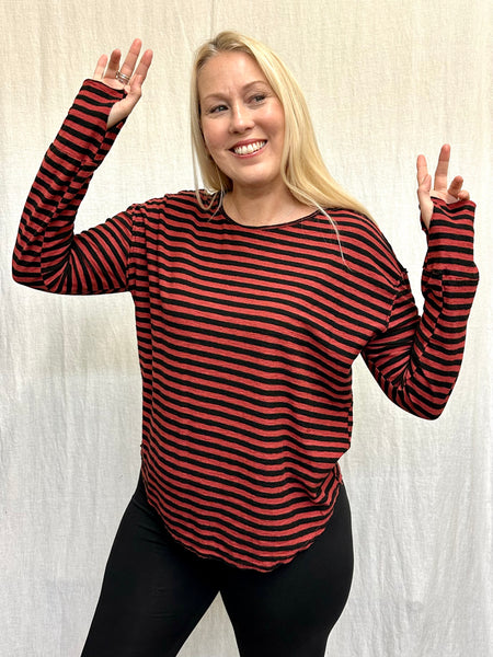Cotton Linen Jersey Black/Natural Stripe Long Sleeve Easy Tee (Other color available)