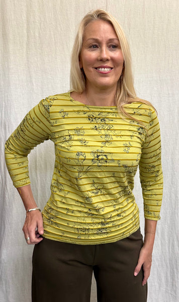 Cotton Viscose Floral Shadow Stripe 3/4 Sleeve Boatneck Tee (New color!)