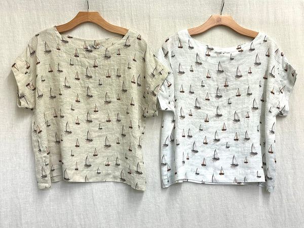 Hanky Linen Sailboats Short Sleeve Crop Top (Other color available)