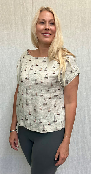 Hanky Linen Sailboats Short Sleeve Crop Top (Other color available)