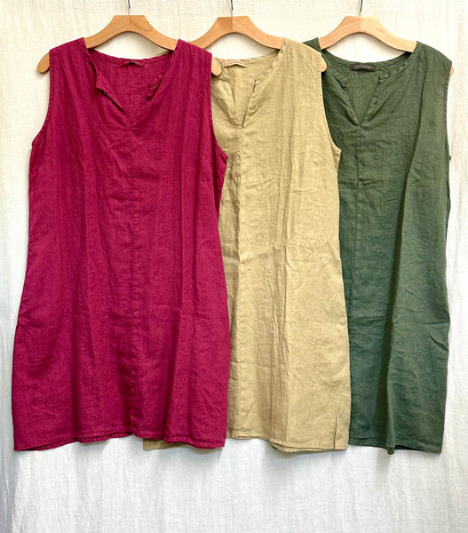Hanky Linen Split Neck Short Dress (More colors available)