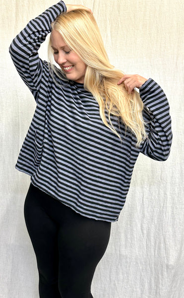 Cotton Linen Jersey Black/Natural Stripe One Size Boxy Pocket Top