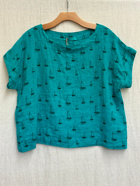Hanky Linen Sailboats Short Sleeve Crop Top (Restock, New Color!)