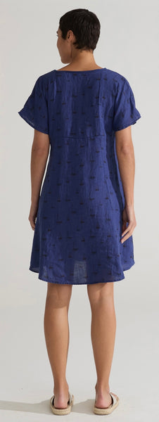 Hanky Linen Sailboats V-Neck Swing Dress (Other color available)