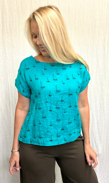 Hanky Linen Sailboats Short Sleeve Crop Top (Restock, New Color!)