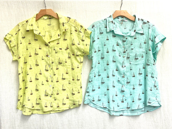 Hanky Weight Linen Sailboats Short Sleeve Pocket Shirt (Other color available)