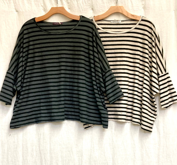 Cotton Linen Jersey Black Natural Stripe Crop Top