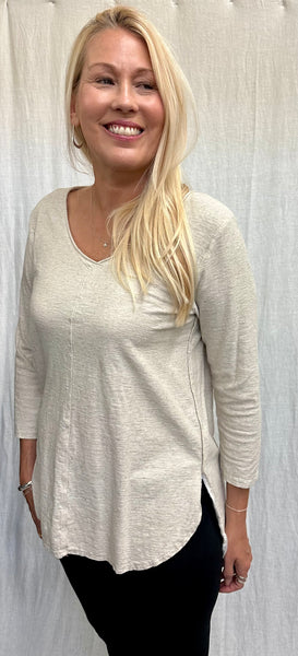 Cotton Linen Jersey 3/4 Sleeve V-Neck Top (Other color available)