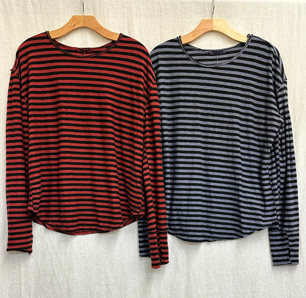 Cotton Linen Jersey Black/Natural Stripe Long Sleeve Easy Tee (Other color available)