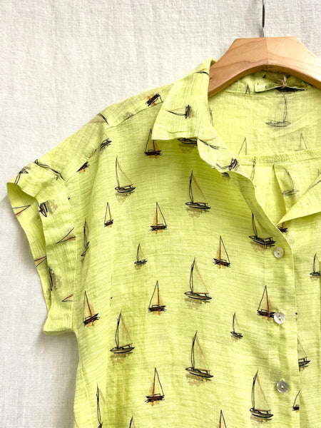 Hanky Weight Linen Sailboats Short Sleeve Pocket Shirt (Other color available)