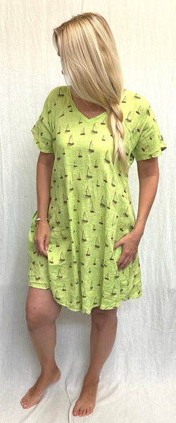 RESTOCK! Hanky Linen Sailboats V-Neck Swing Dress  (Other color available)