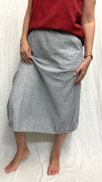 Linen Cotton Crosshatch Side Elastic Skirt (Other color available)