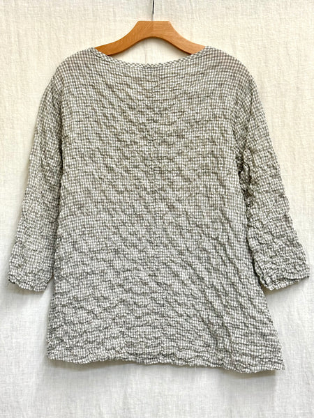 Cotton Black & White Crinkle Mini Plaid 3/4 Sleeve A-Line Top