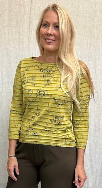 Cotton Viscose Floral Shadow Stripe 3/4 Sleeve Boatneck Tee (New color!)