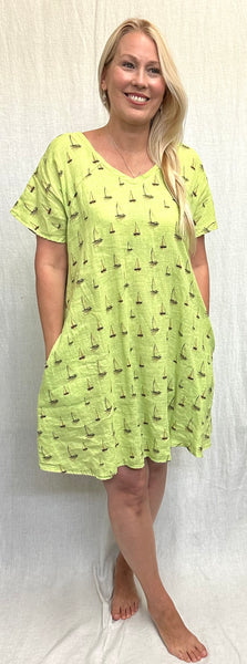 RESTOCK! Hanky Linen Sailboats V-Neck Swing Dress  (Other color available)