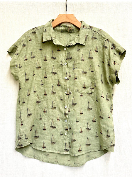 Hanky Weight Linen Sailboats Short Sleeve Pocket Shirt (Other color available)