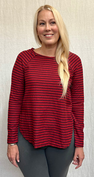 Cotton Linen Jersey Navy Stripe Long Sleeve Ruched Back Top (Other color available)