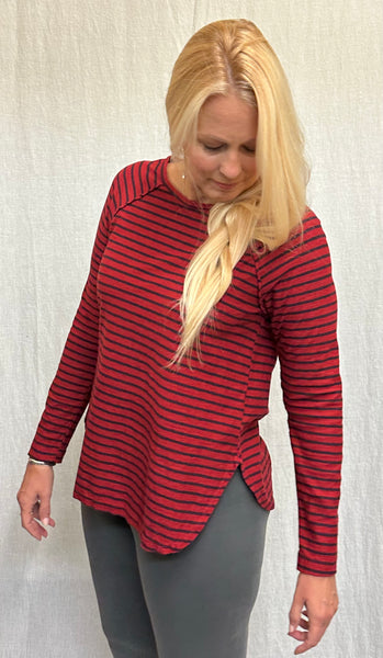Cotton Linen Jersey Navy Stripe Long Sleeve Ruched Back Top (Other color available)