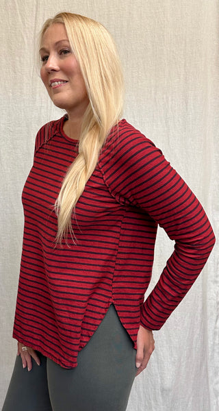 Cotton Linen Jersey Navy Stripe Long Sleeve Ruched Back Top (Other color available)