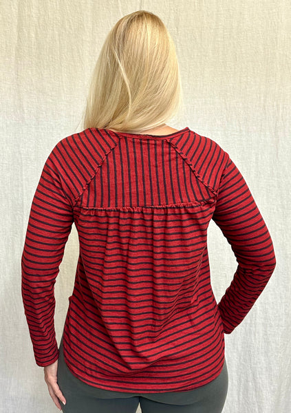 Cotton Linen Jersey Navy Stripe Long Sleeve Ruched Back Top (Other color available)