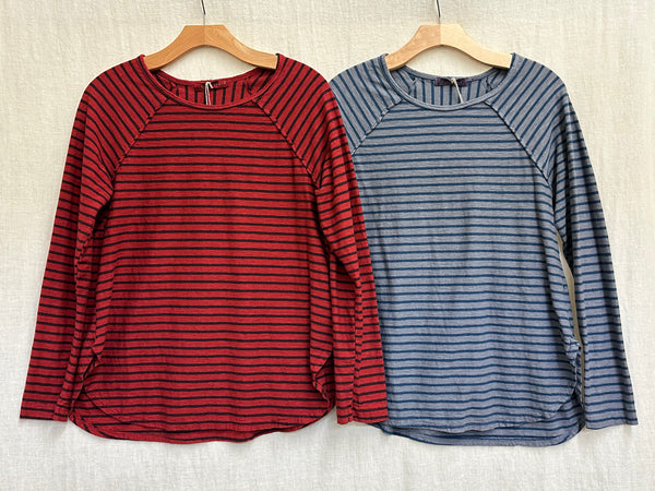 Cotton Linen Jersey Navy Stripe Long Sleeve Ruched Back Top (Other color available)